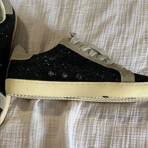 Women's Black Glitter Athletic Sneakers with Cream Accents Golden Goose Dupes - Picture 3 of 6